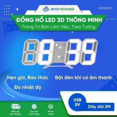 Đồng Hồ Led 3D Sạc USB Đa Năng Cảm Biến Âm Thanh Nhiệt Độ SH61 (Dây 2m)