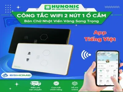 Công Tắc Cảm Ứng  Wifi Hunonic Datic 2 Nút 1 Ổ Hình Chữ Nhật Viền Vàng