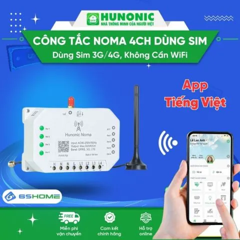 Công tắc Hunonic Noma 4CH Điều Khiển Mọi Thiết Bị Từ Xa Dùng Sim Không Cần Wifi